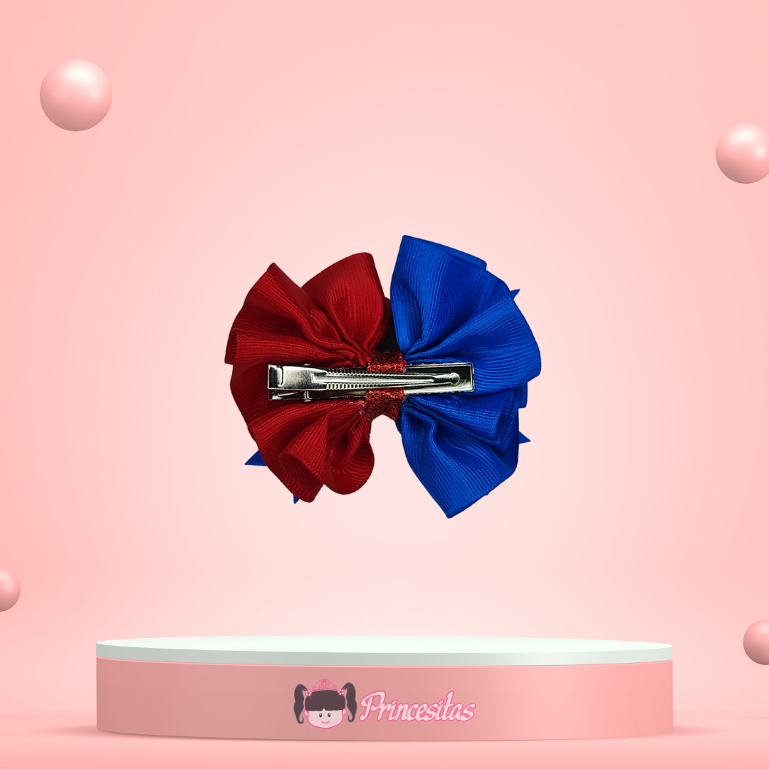 Moño Abanico de Gallina Pintadita rojo y azul